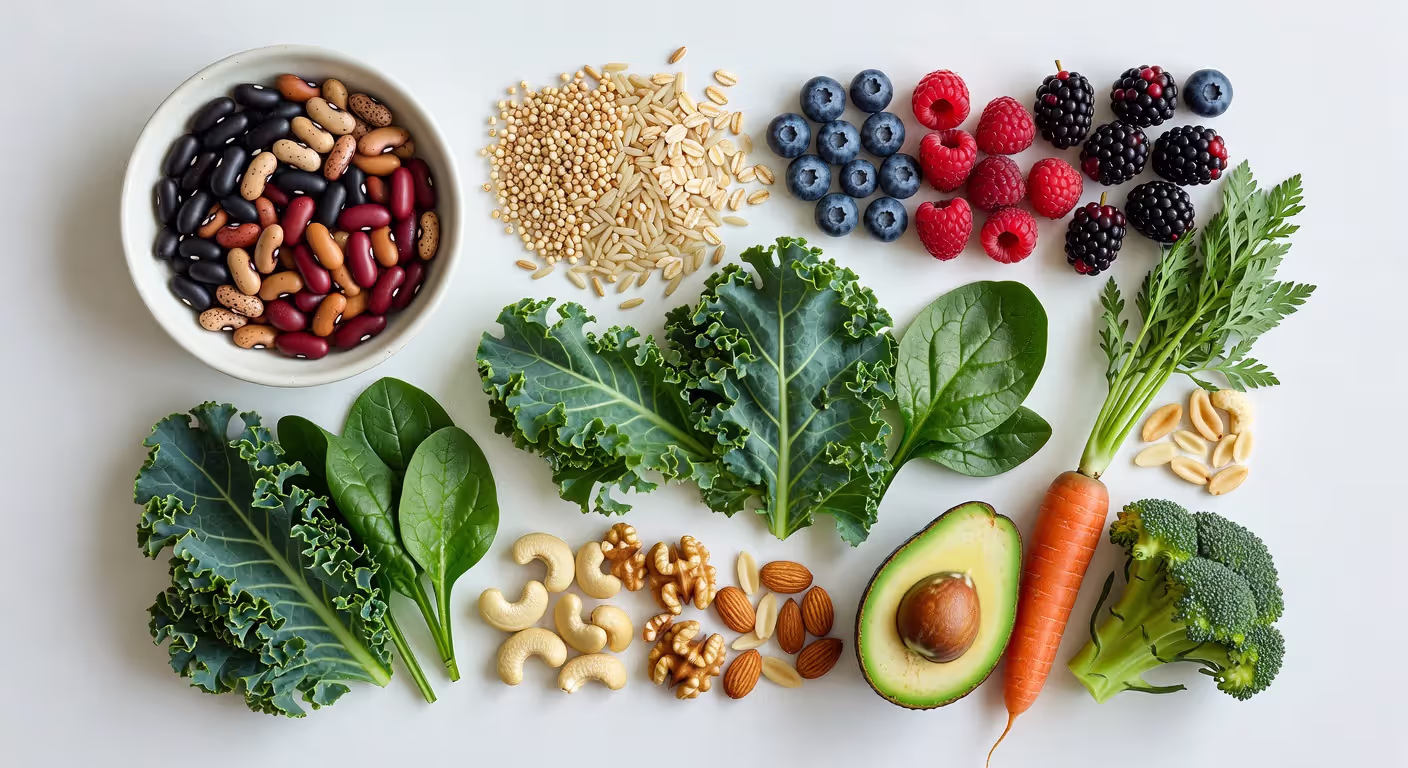 Variety of high-fiber whole foods including legumes, grains, fruits, and vegetables
