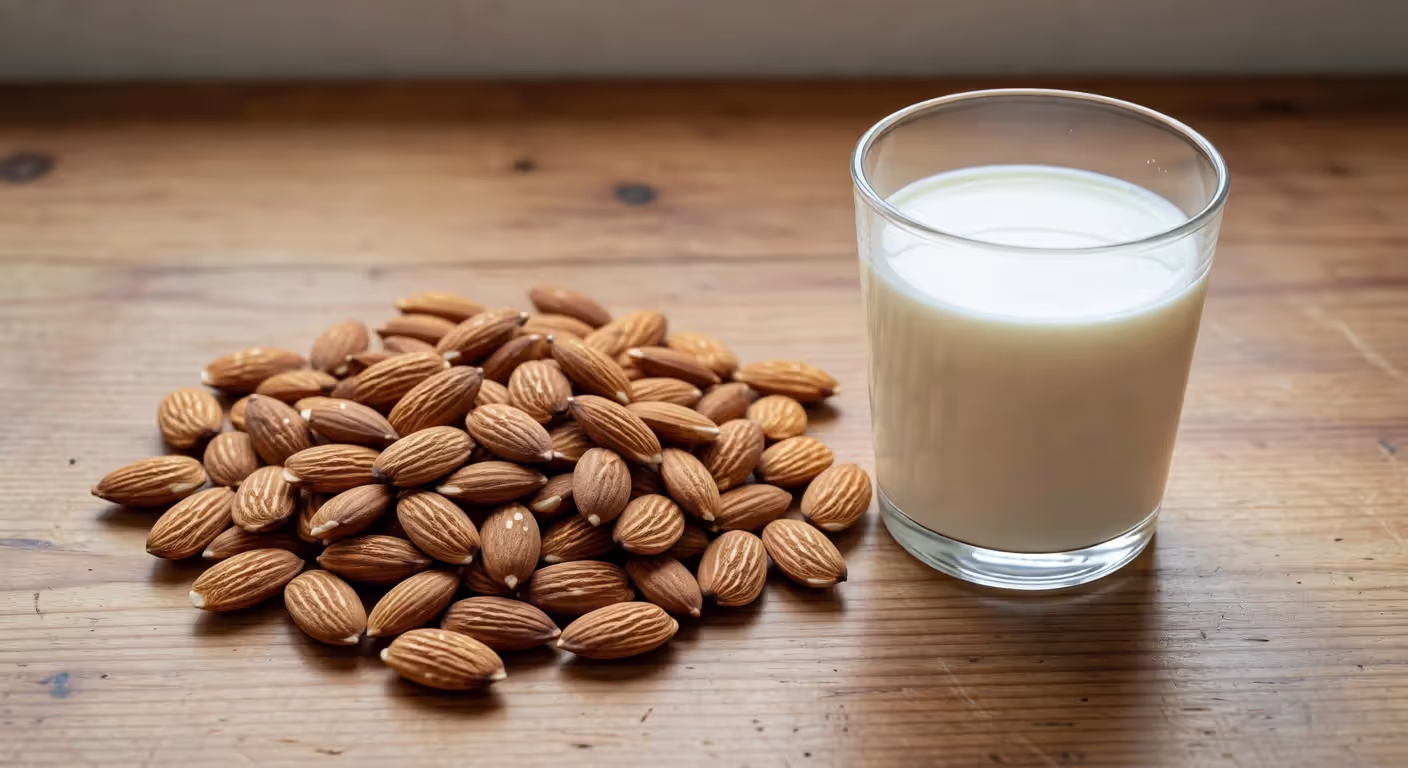 Whole almonds beside a glass of fresh almond milk