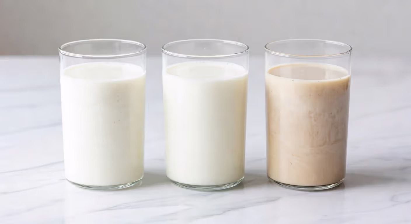 Side-by-side comparison of almond milk, cow's milk, and oat milk in glasses