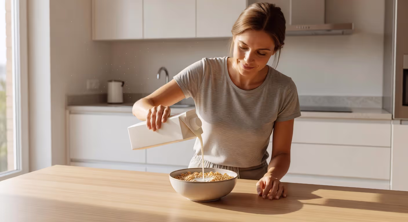 Person adding almond milk to breakfast cereal