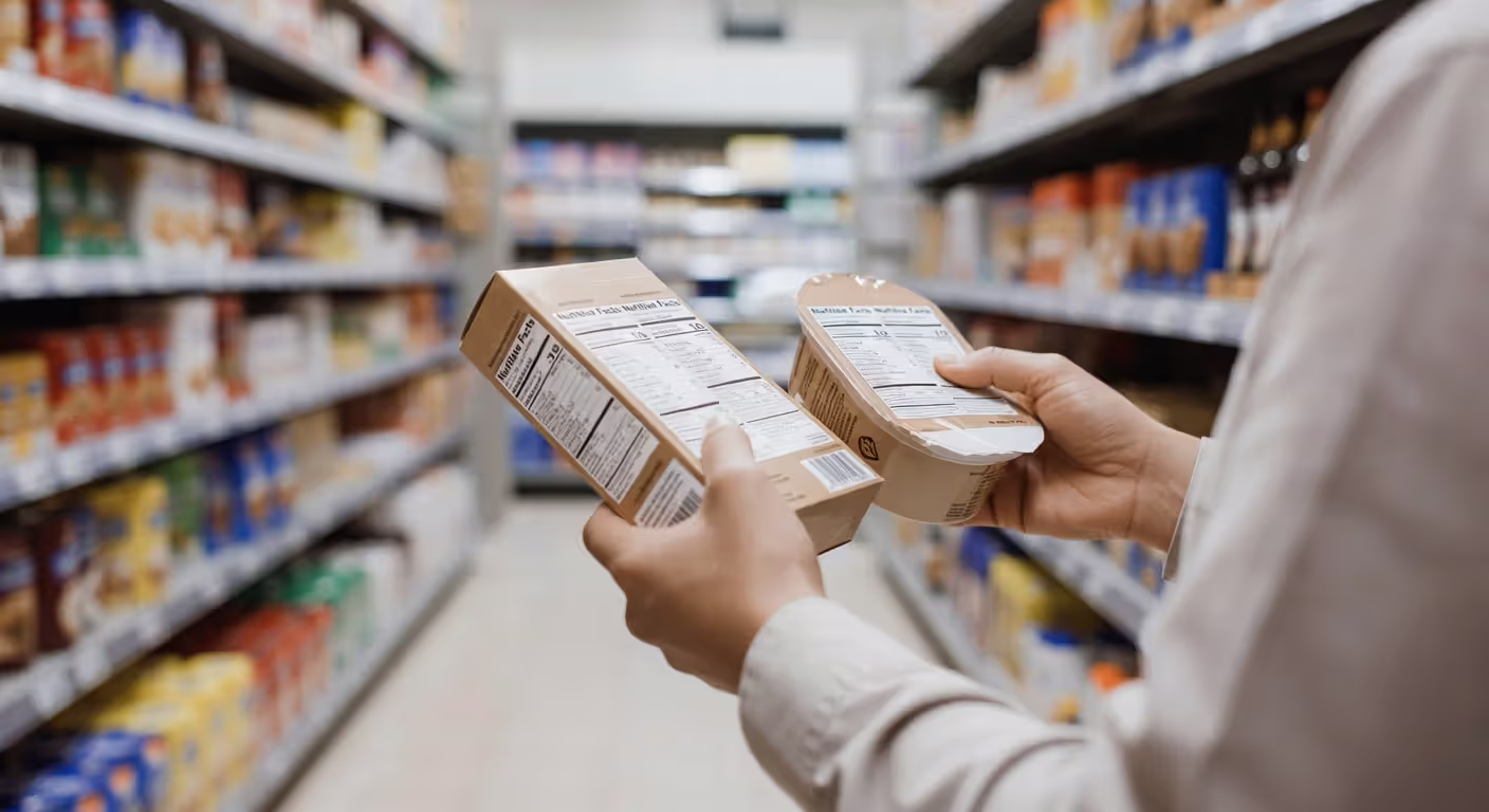 Shopper comparing nutrition labels in grocery store