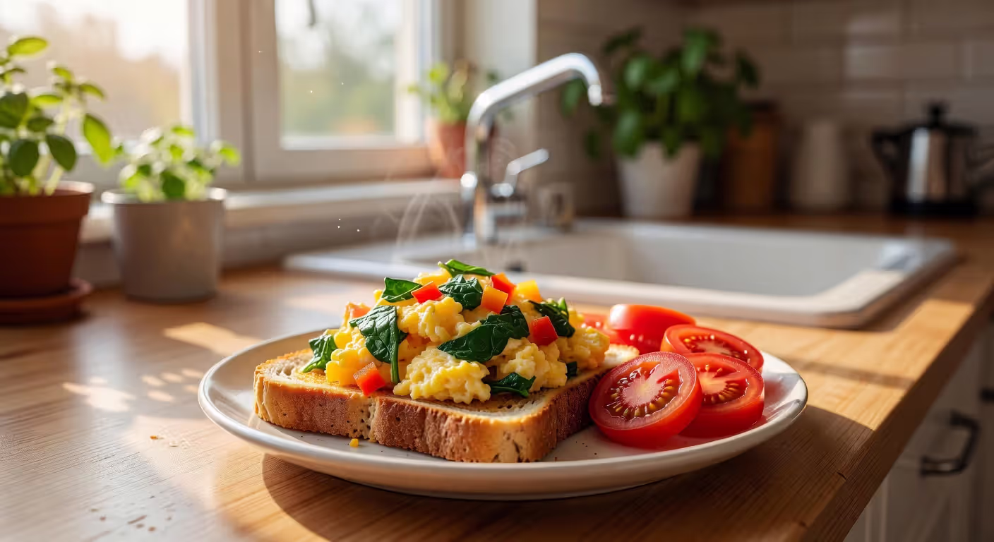 Vegetable-rich breakfast plate with eggs and greens