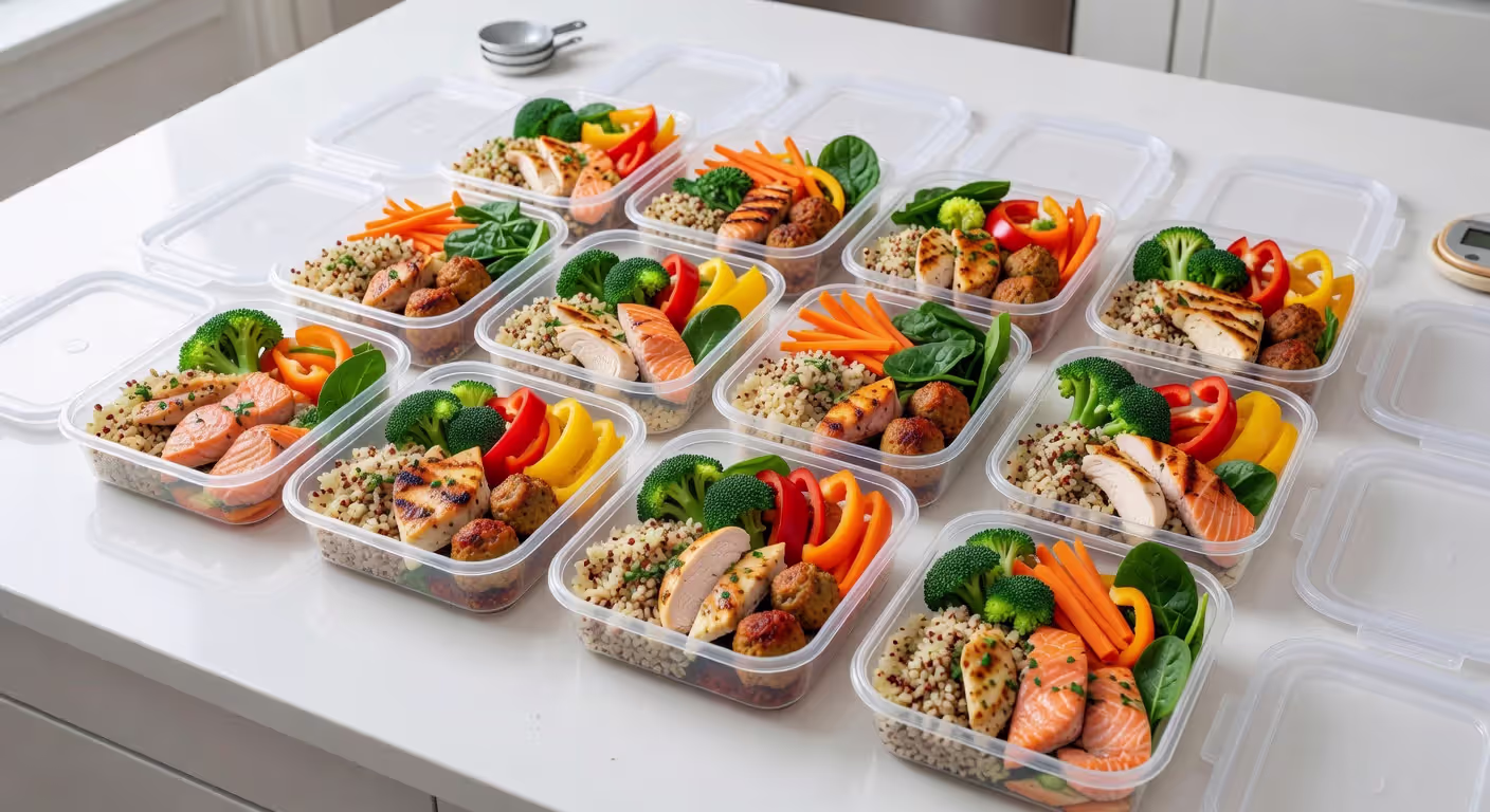 Weekly meal prep containers with balanced healthy meals