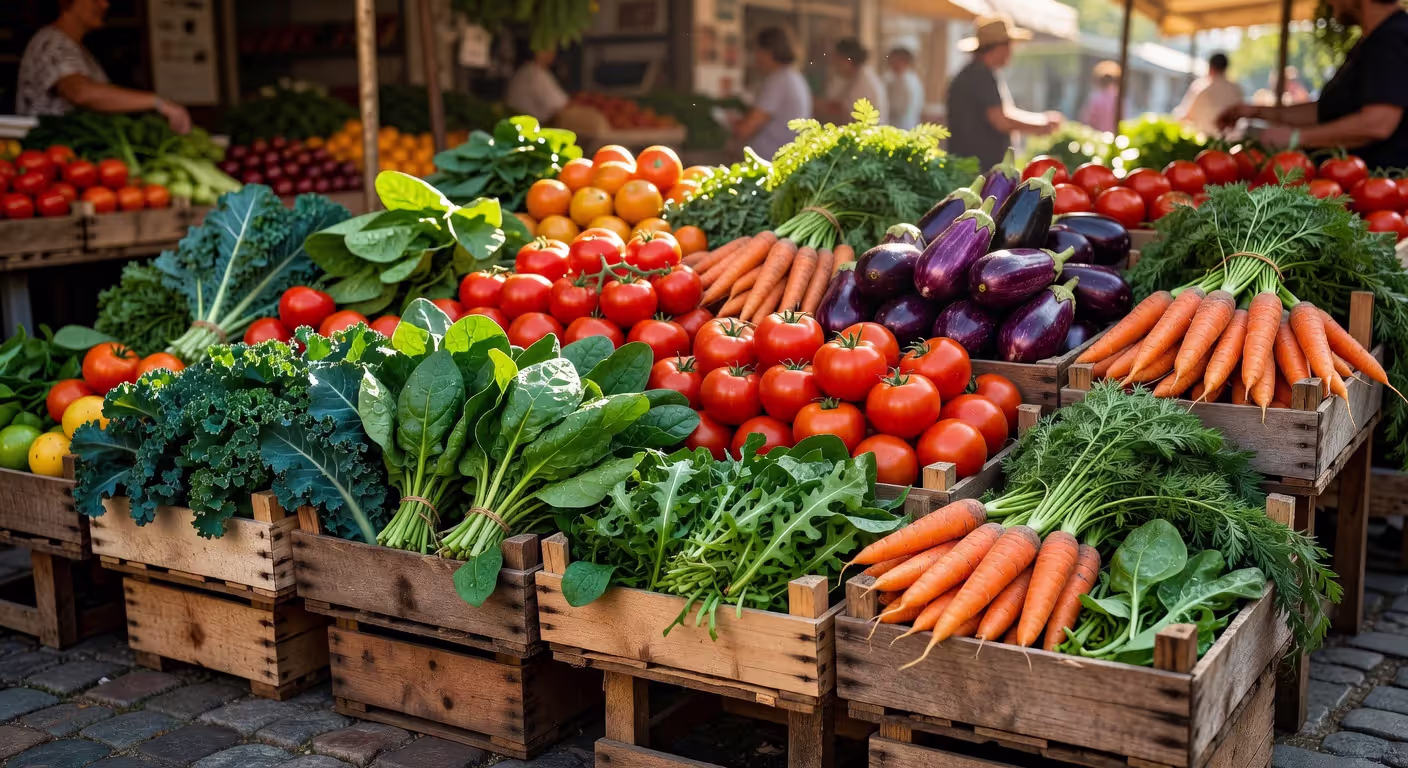 Fresh colorful vegetables and produce at farmers market