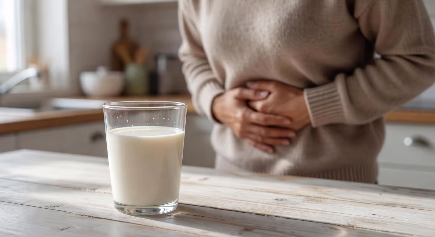 Person experiencing discomfort after drinking milk