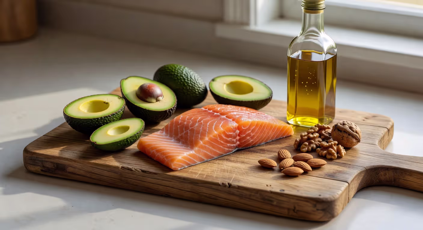 Healthy fat food sources including salmon, avocado, and nuts