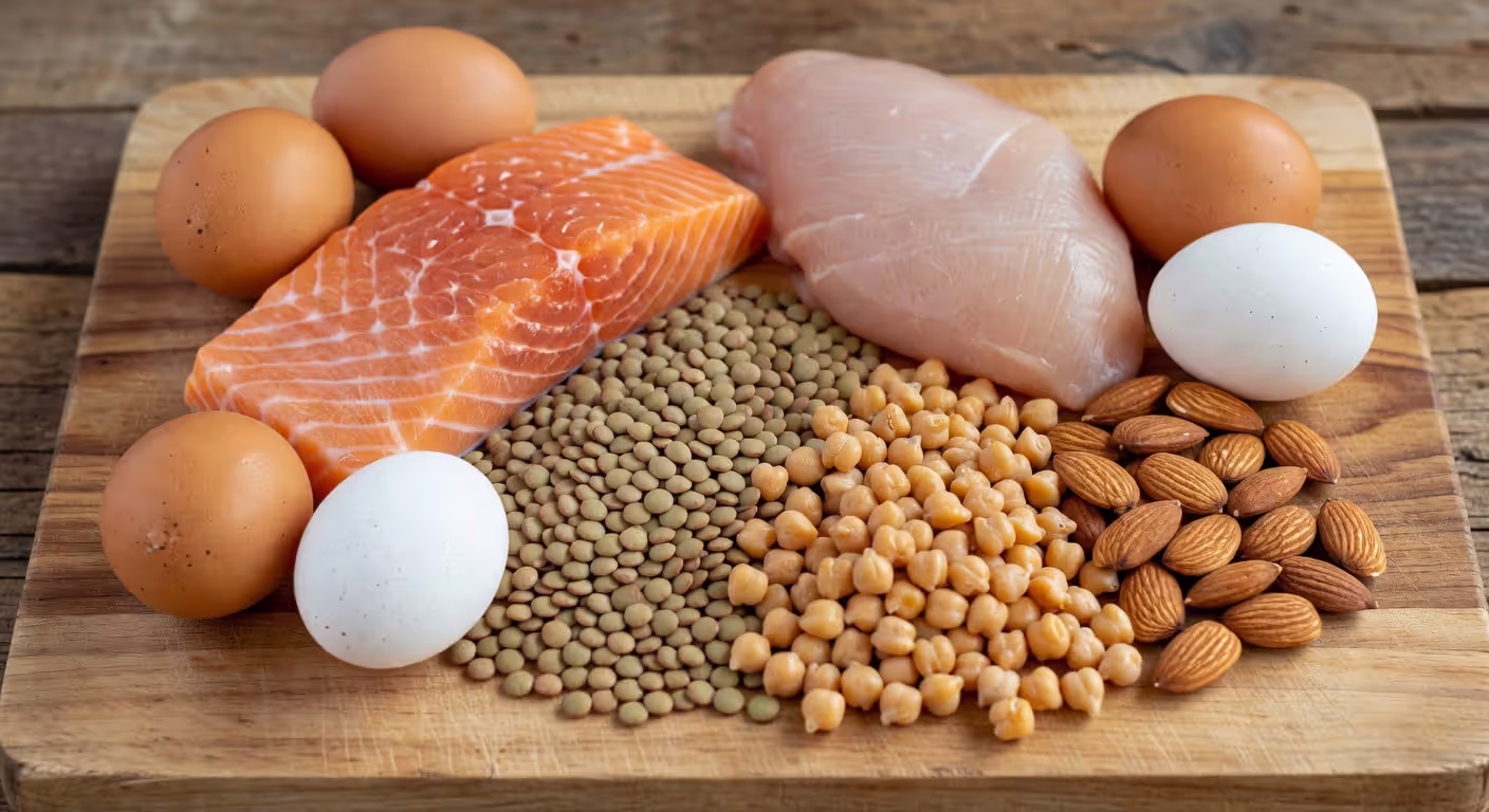 Variety of whole food protein sources on wooden surface