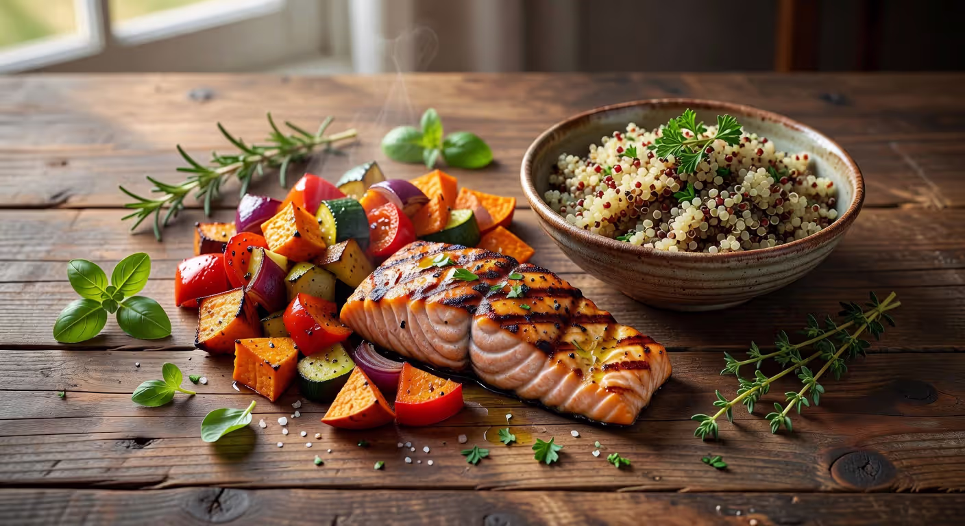 Balanced dinner plate with salmon and vegetables