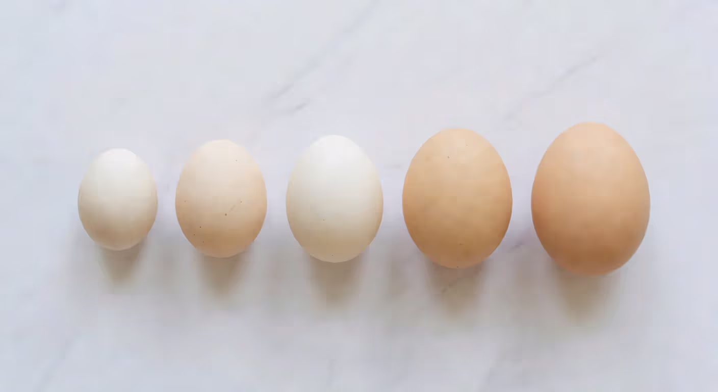 Different sizes of eggs arranged from small to jumbo showing size variation