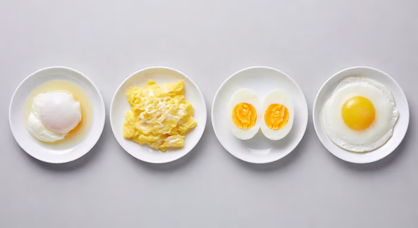 Different egg cooking methods comparison showing poached, scrambled, boiled, and fried eggs