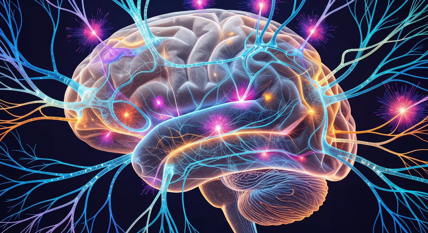 Brain neural pathways and neurotransmitter activity illustration