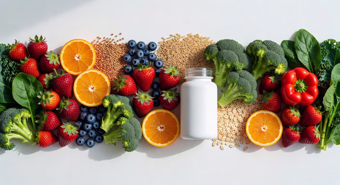 Fresh whole foods and multivitamin supplement showing nutritional sources