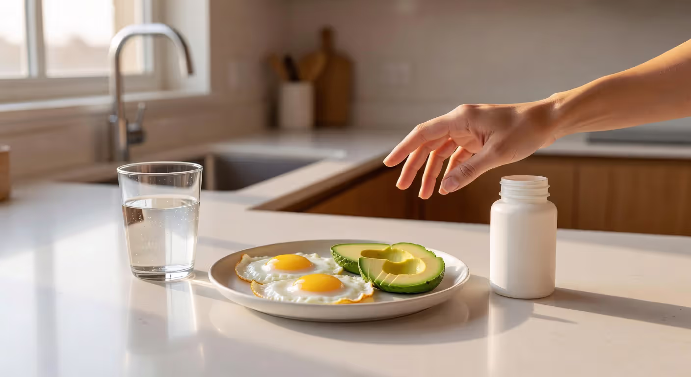 Taking multivitamin with breakfast showing proper supplementation timing