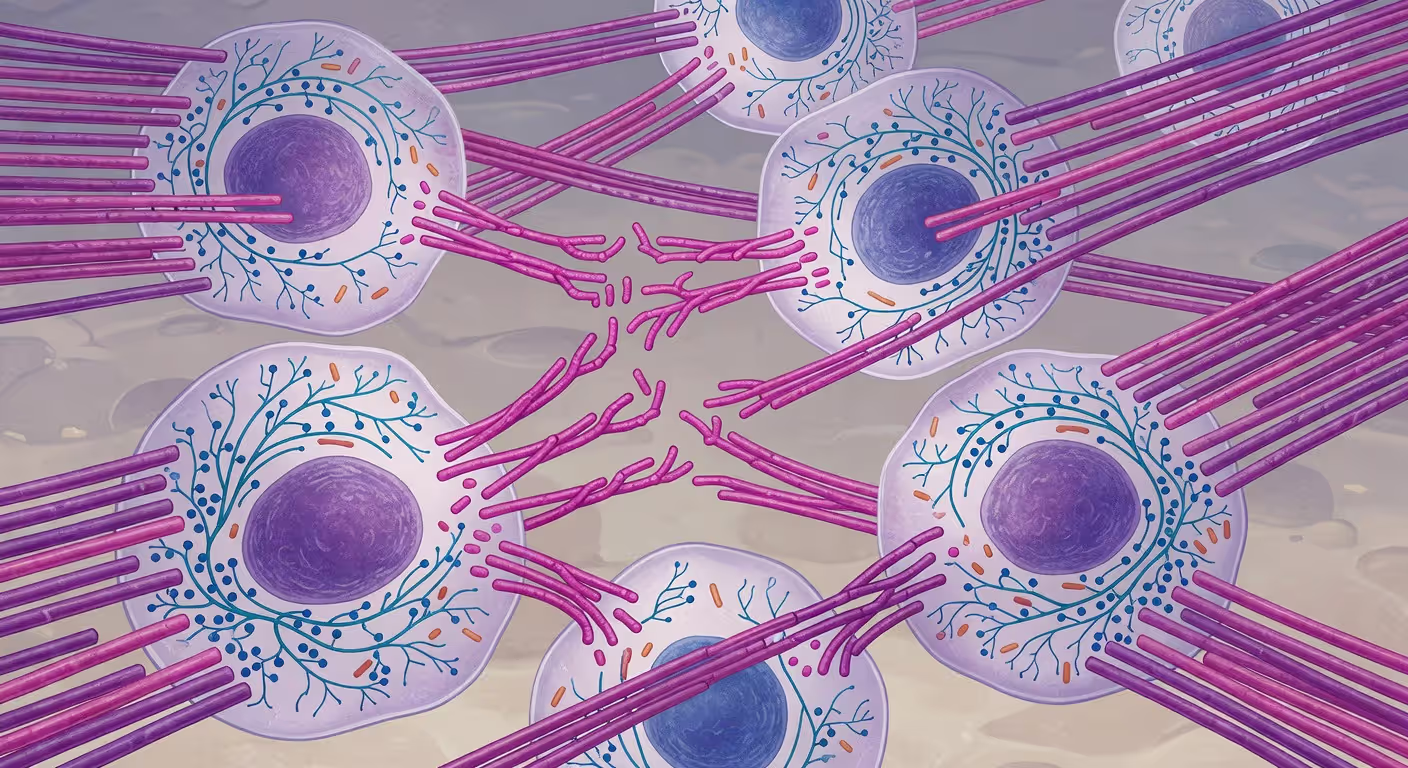 Fibroblast cells synthesizing collagen at the cellular level