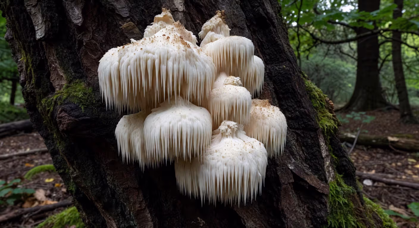 Fresh lion's mane mushroom growing on tree bark