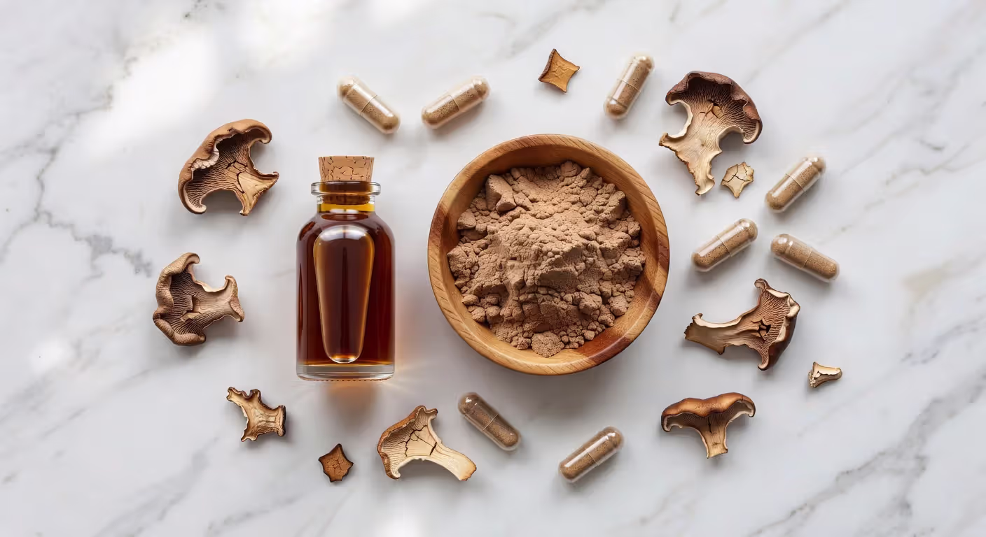 Various forms of mushroom supplements including capsules, powder, and tincture