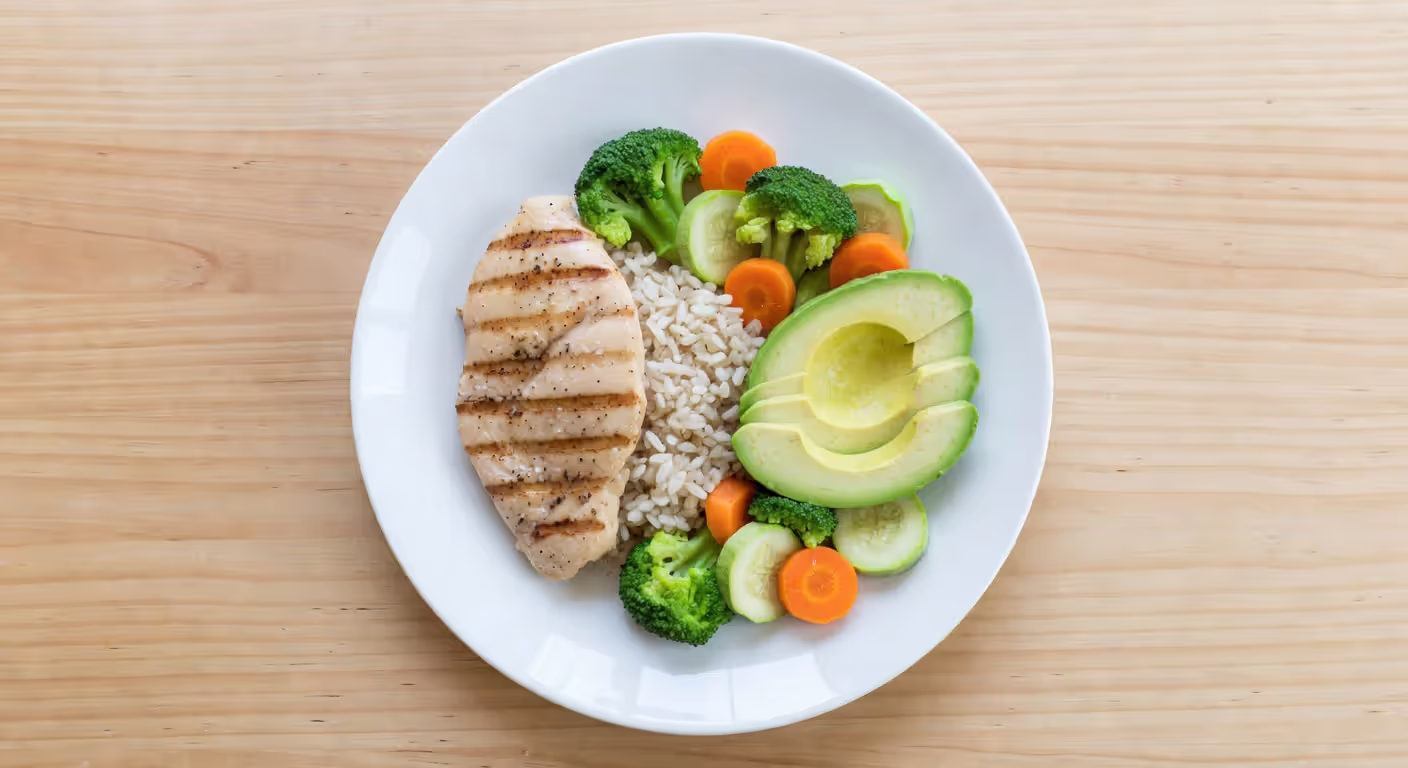 Balanced high-calorie meal with protein, carbs, and healthy fats