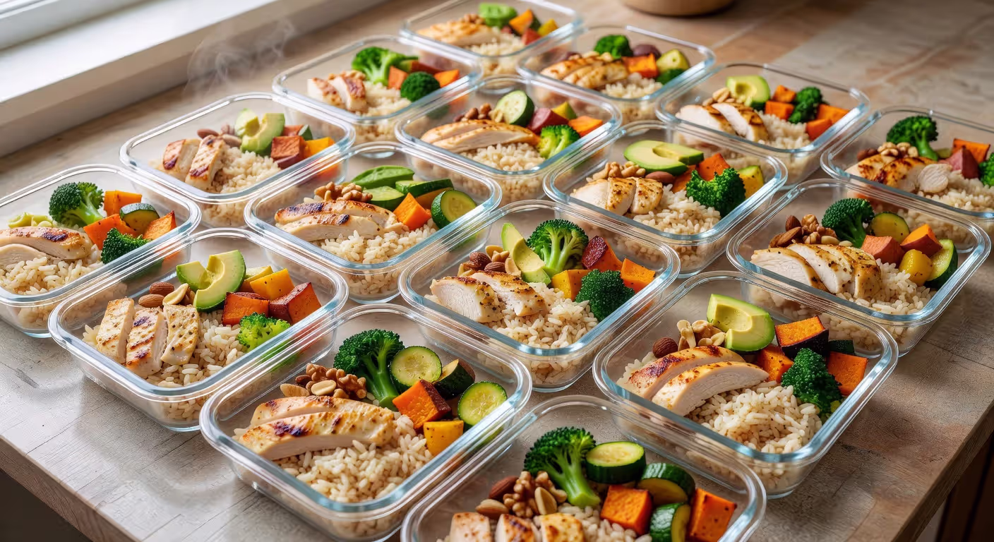 Meal prep containers with lean protein, complex carbs, and vegetables for fat loss diet