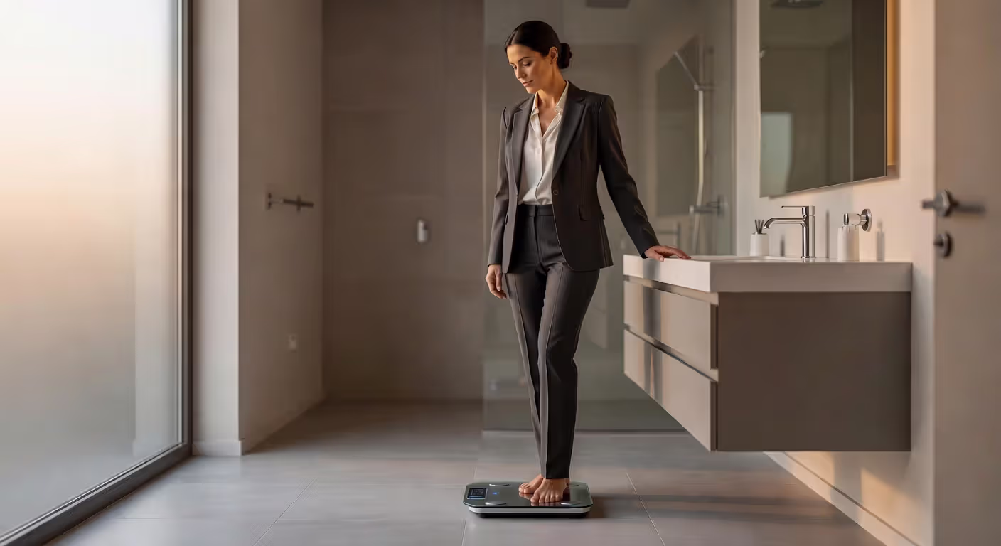 Woman measuring body composition using a bioelectrical impedance scale