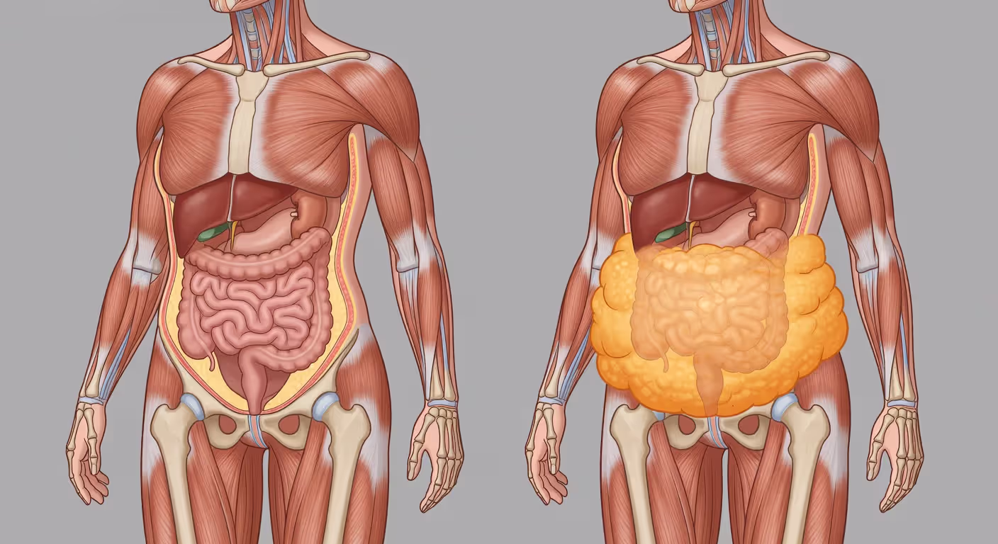 Anatomical illustration comparing healthy and unhealthy body fat distribution patterns