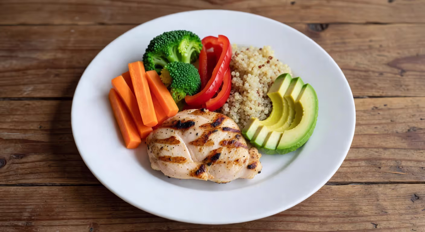 Example of balanced calorie deficit meal with protein and vegetables