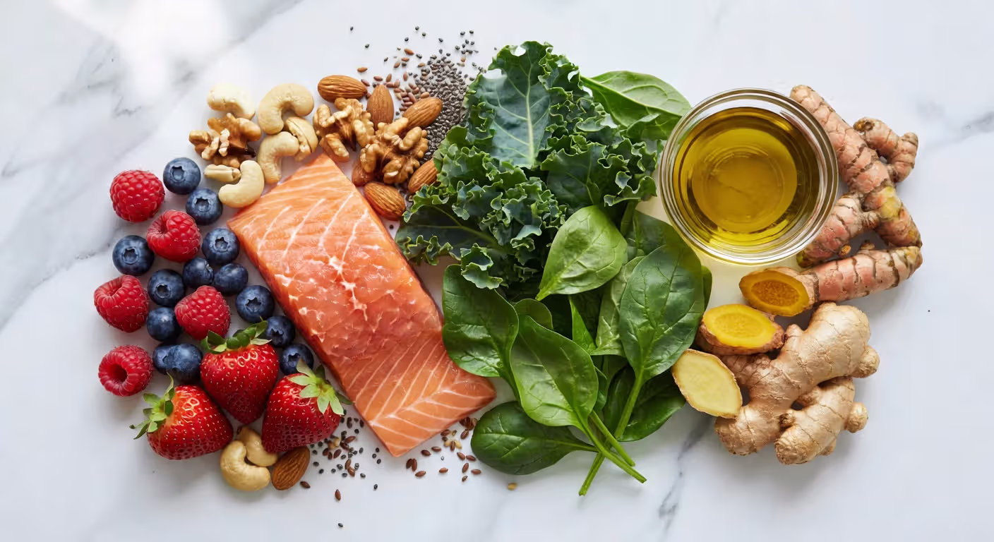 Array of anti-inflammatory foods for weight loss including salmon, berries, greens, and spices