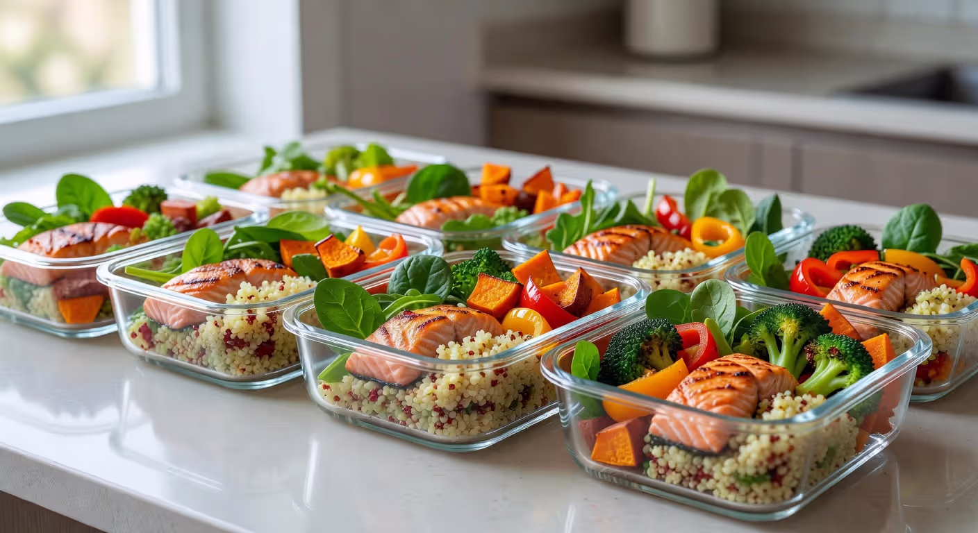 Meal prep containers with anti-inflammatory diet meals ready for the week