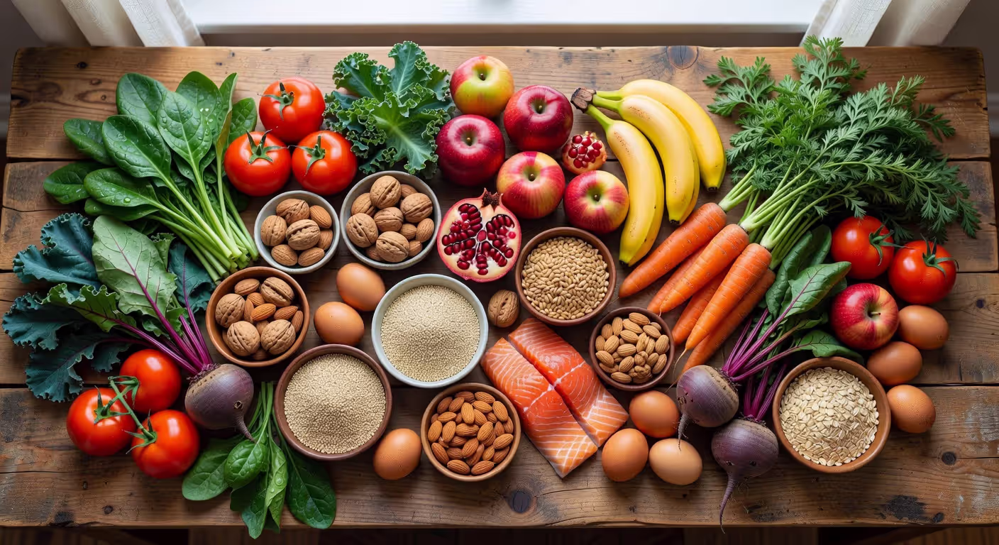 Variety of whole foods arranged on a wooden table
