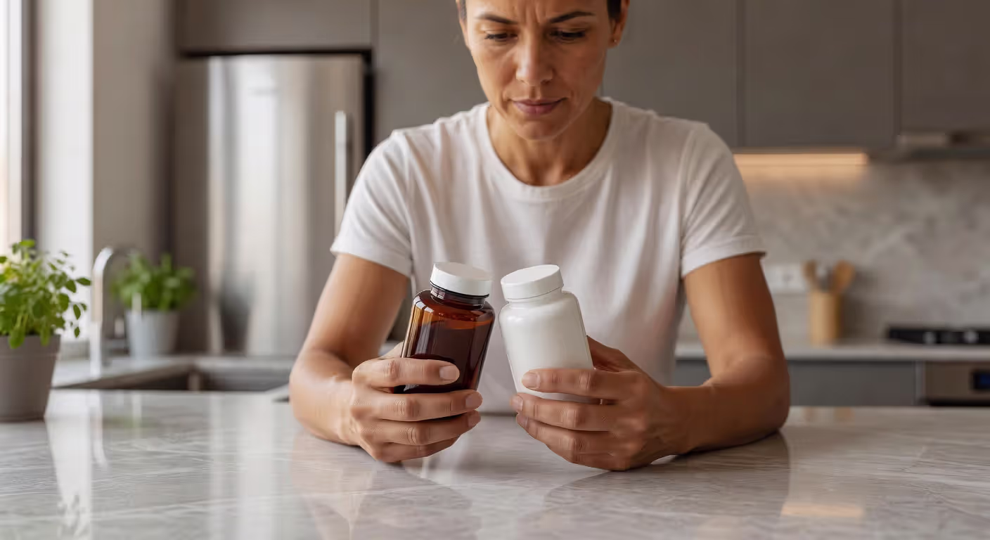 Woman comparing prenatal vitamin labels