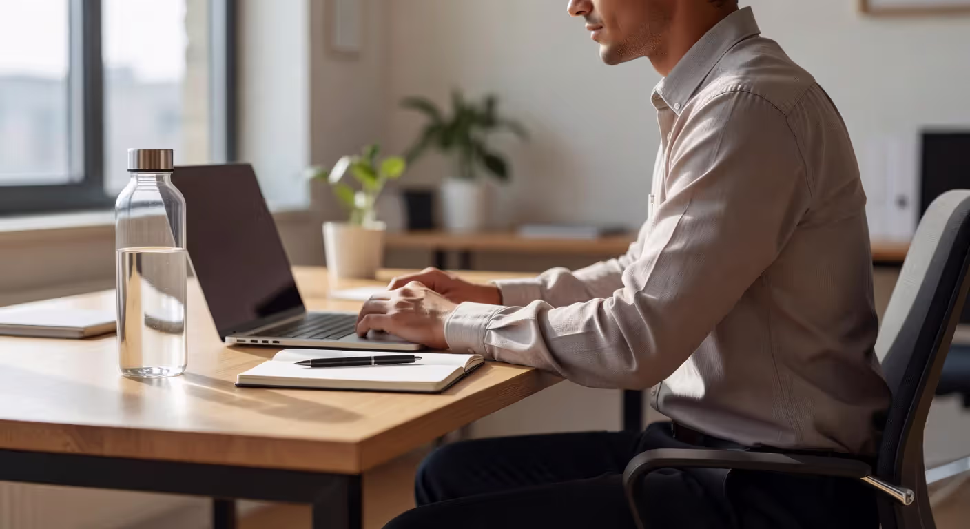 Staying hydrated at work with water bottle at desk