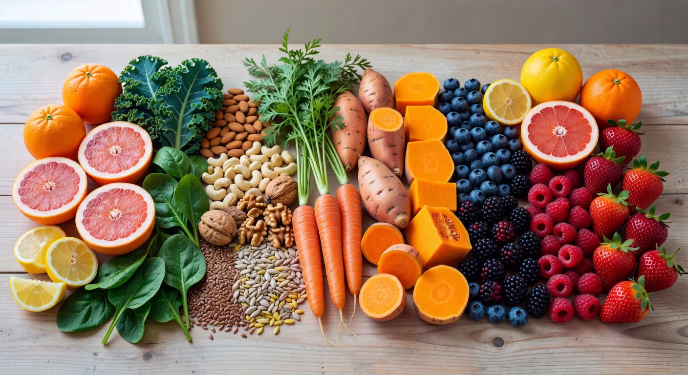 Variety of antioxidant-rich foods grouped by vitamin content including fruits, vegetables, and nuts
