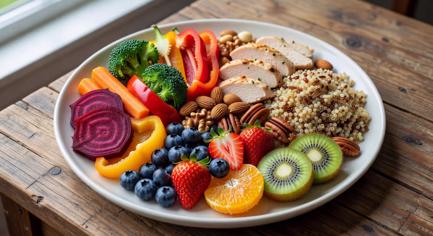Balanced meal plate featuring diverse antioxidant-rich whole foods for optimal vitamin intake