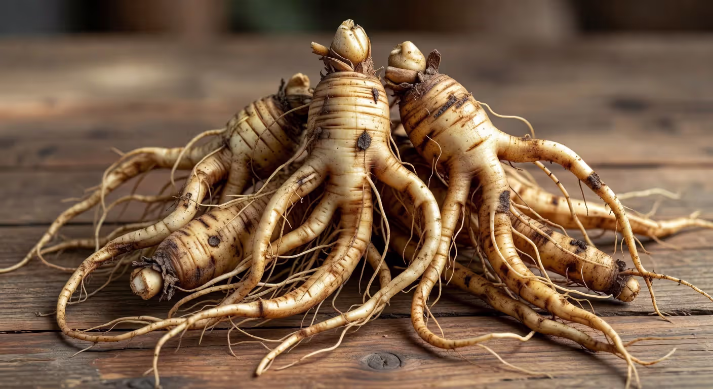 Fresh Panax ginseng roots showing natural forked structure