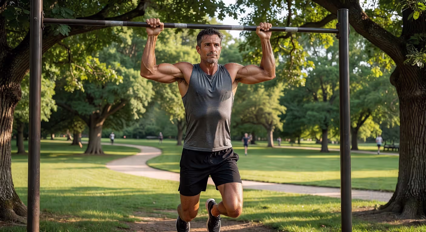 Middle-aged man exercising outdoors showing energy and stamina