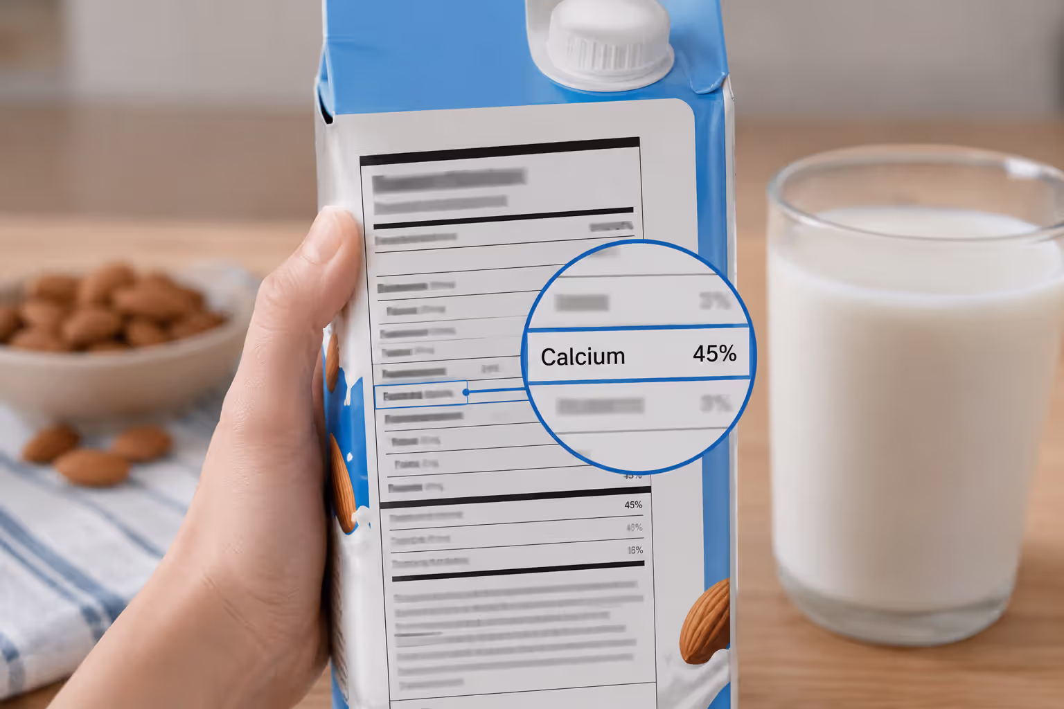 Nutrition label showing calcium content in fortified almond milk