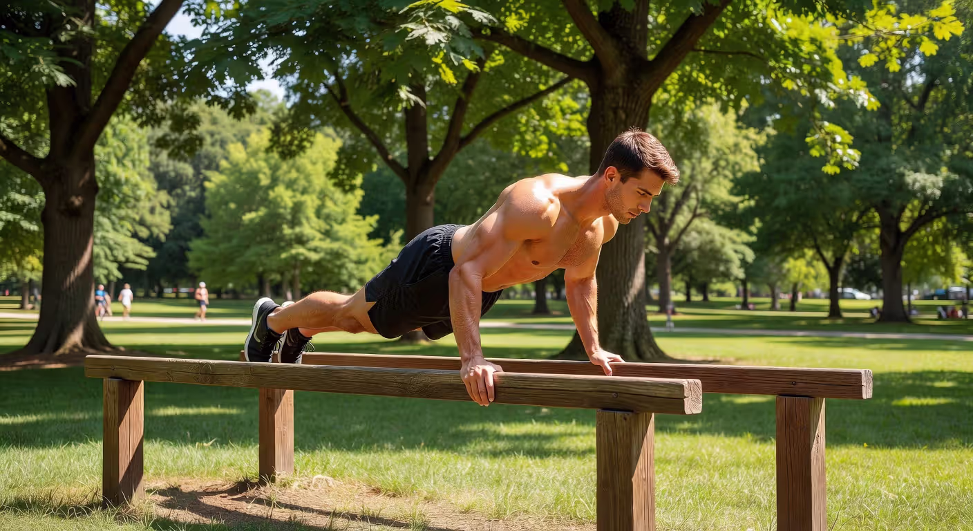 Person demonstrating proper calisthenics push-up form outdoors