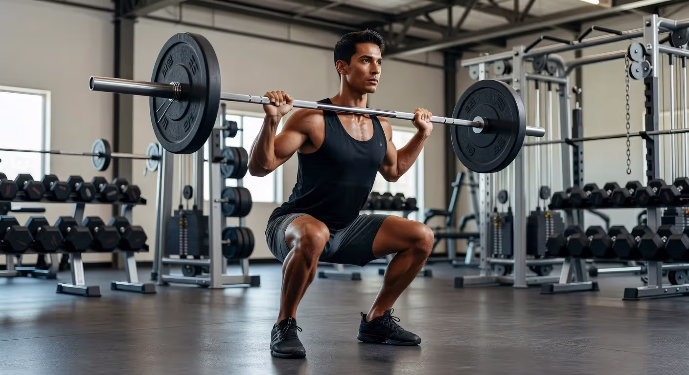 Proper squat form demonstration in gym