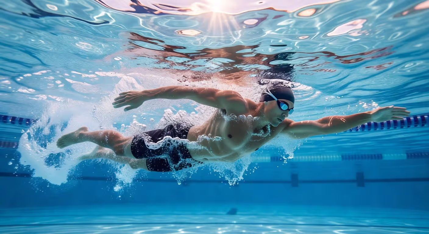 Swimmer performing freestyle stroke underwater