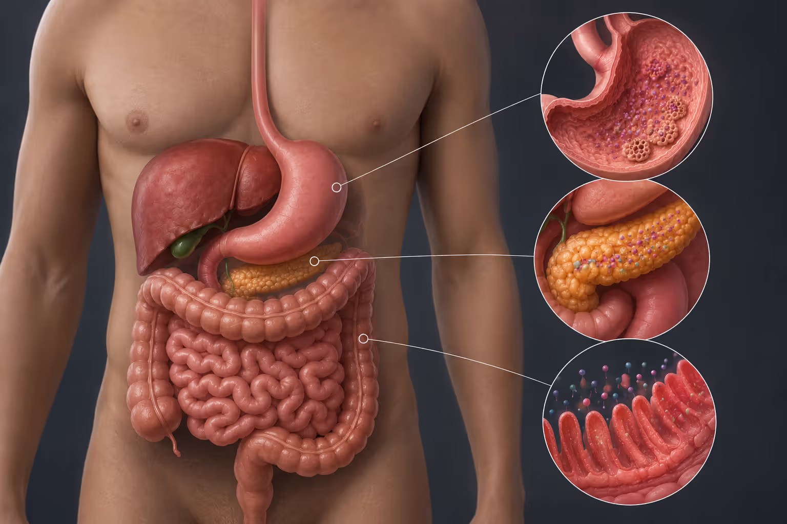 Digestive system anatomy showing enzyme production sites