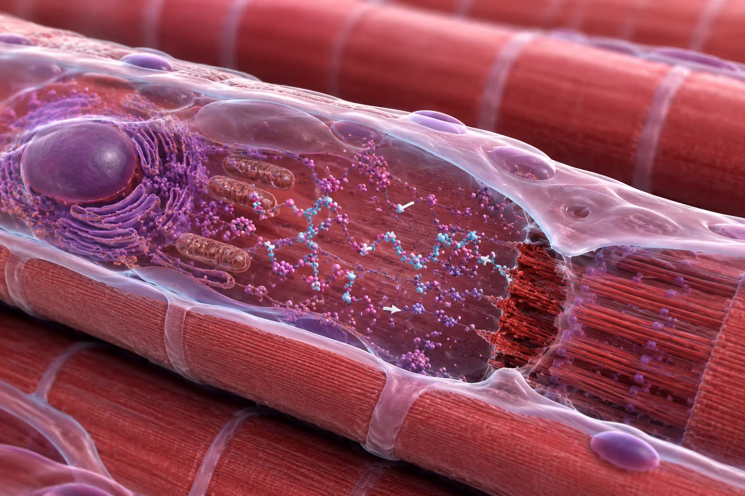 Muscle tissue protein synthesis and repair at cellular level