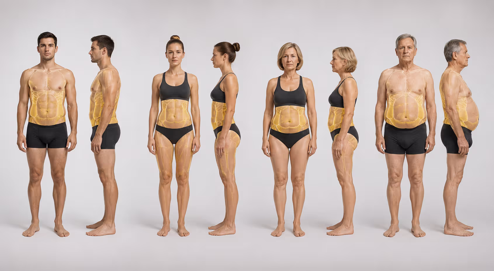 Visual comparison of healthy body fat distribution across different age groups