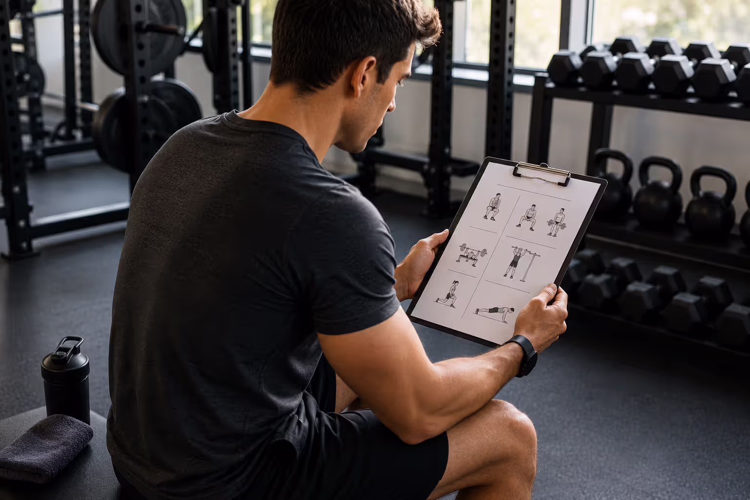 Person reviewing workout plan in gym setting