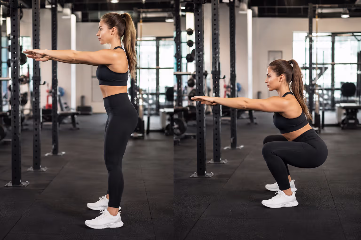 Proper squat form demonstration in gym setting